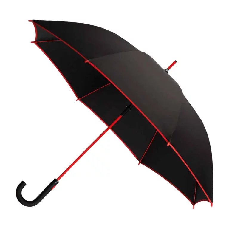 Black color, parapluie citadin publicitaire à toile noire à galon rouge, personnalisable avec votre logo