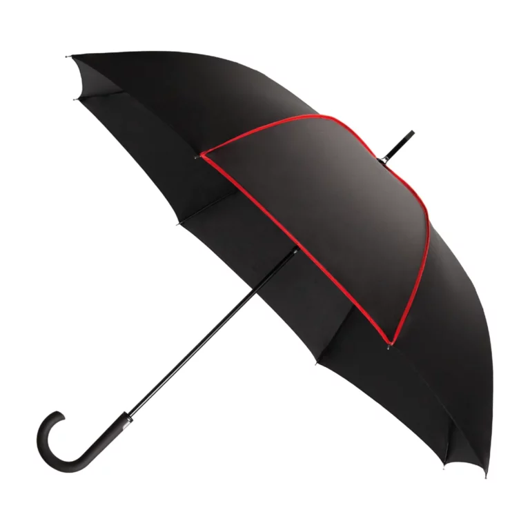 Parenthèse, parapluie citadin publicitaire à toile noire à galon rouge, personnalisable avec votre logo