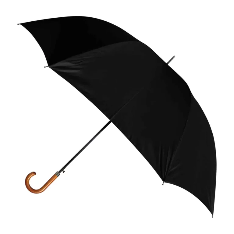Parapluie golf publicitaire noir à poignée canne en bois, ouvert, personnalisable avec votre logo