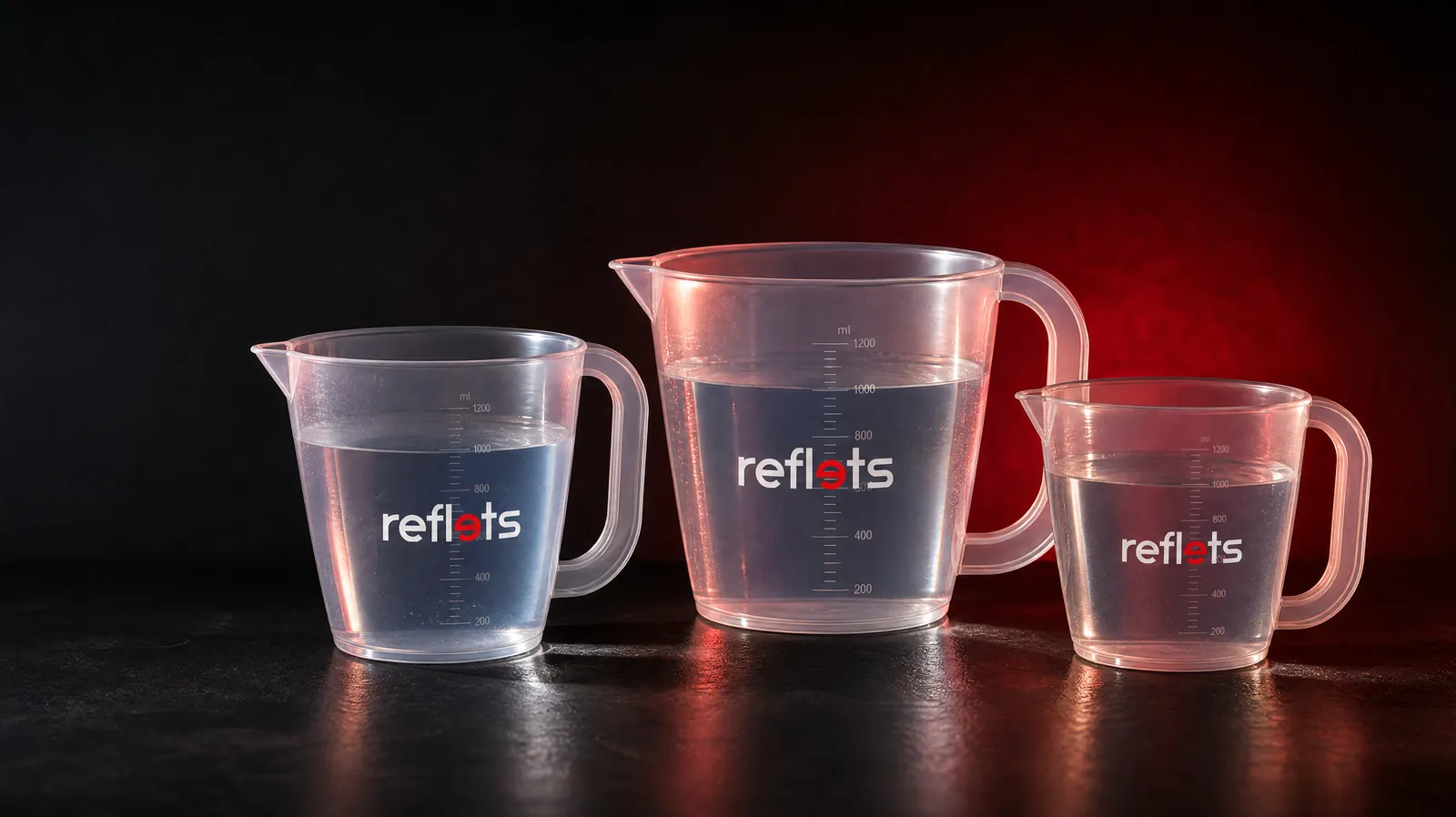 Trois pichets gradués en polypropylène translucide remplis d'eau, marqués du logo Reflets, sur fond studio sombre