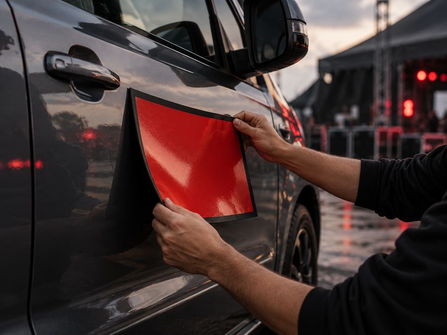 Deux mains posant une plaque magnétique rouge à bord noir sur la portière d’une voiture grise, devant un site d’événement au crépuscule