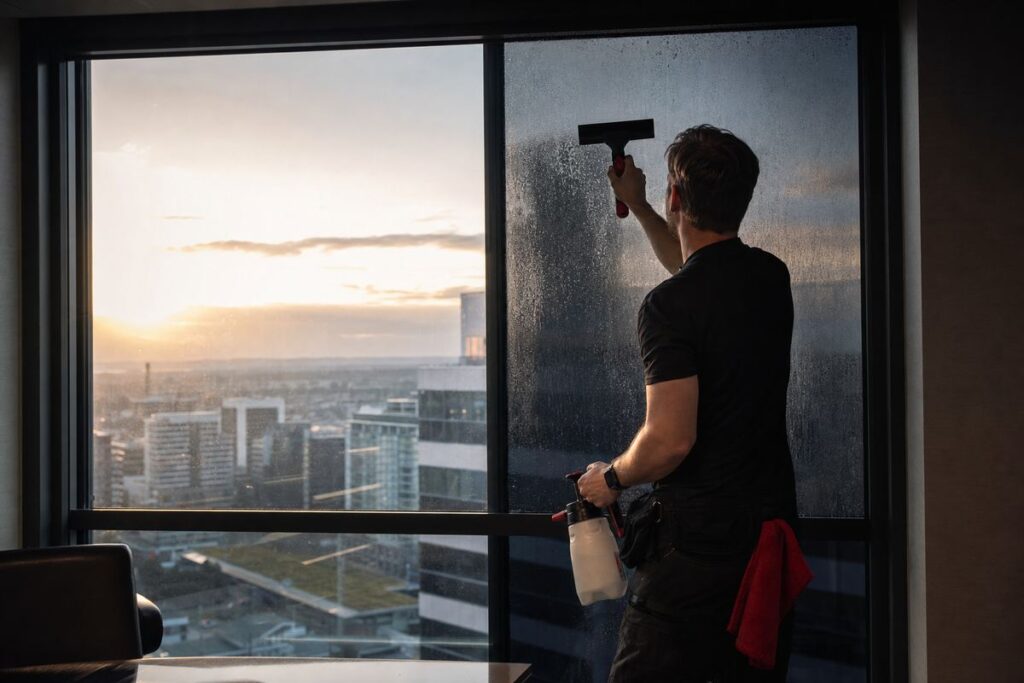 Poseur appliquant un film solaire teinté sur une grande fenêtre de bureau ensoleillée, pulvérisateur et raclette en main, moitié du vitrage encore claire