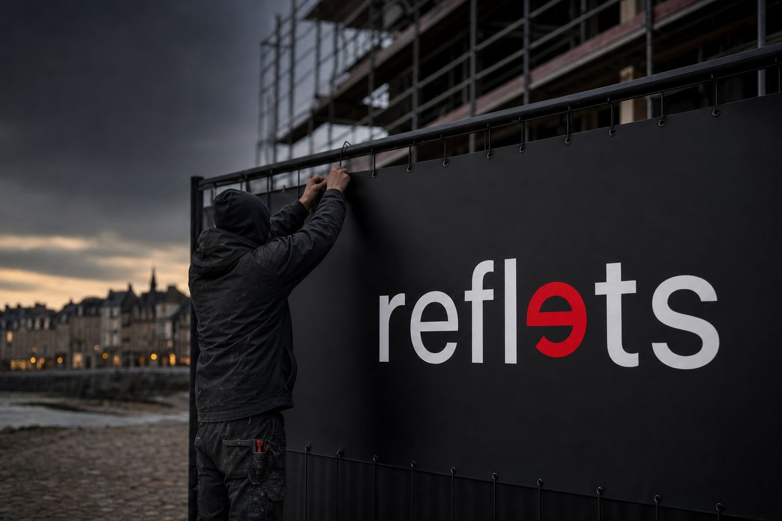 Poseur fixant un grand panneau rigide noir portant le logo Reflets sur une clôture de chantier avec des colliers, immeuble en construction flou en arrière-plan, ville normande au crépuscule