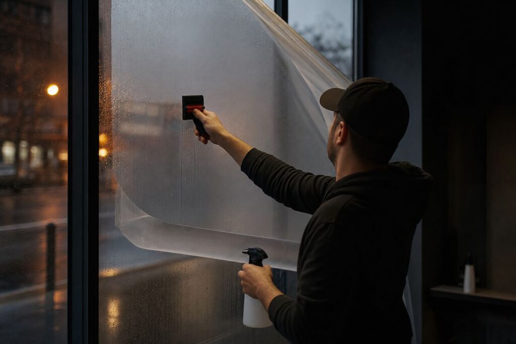 Poseur vu depuis l'intérieur d'un commerce, appliquant à la raclette un film adhésif sur la face intérieure de la vitrine, pulvérisateur à la main, rue au crépuscule visible à travers le verre