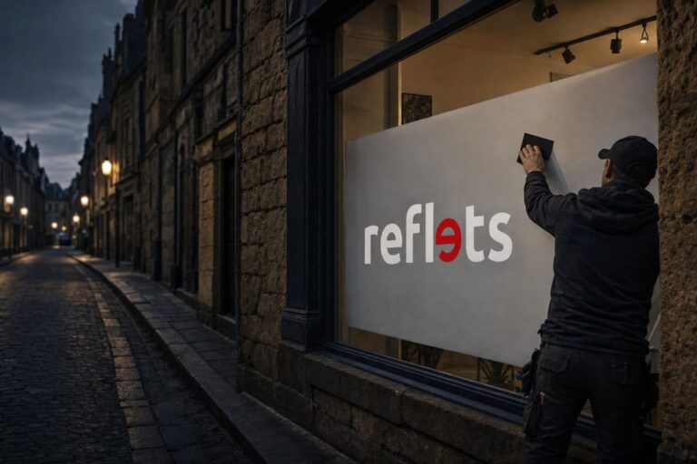 Pose d’une vitrophanie sur une vitrine, page Vitrophanie de Refletscom