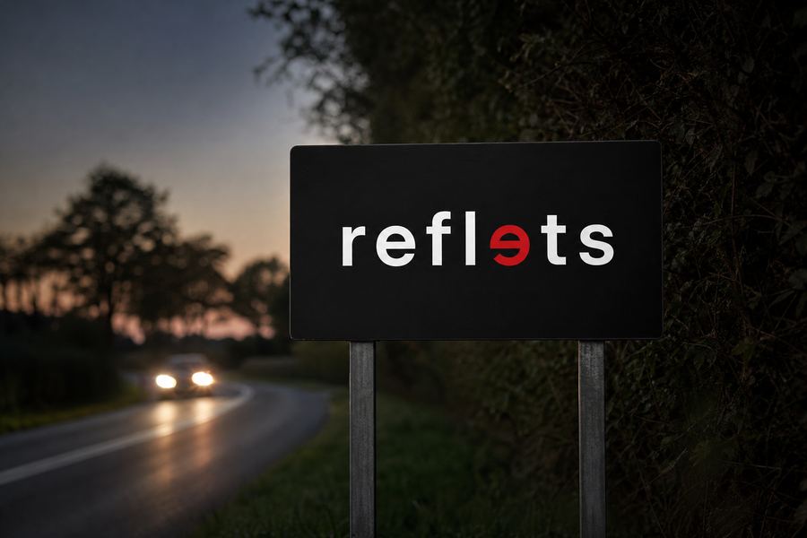 Pré-enseigne rectangulaire noire en aluminium sur deux poteaux galvanisés à l'entrée d'une commune normande, logo Reflets, haies et route au crépuscule