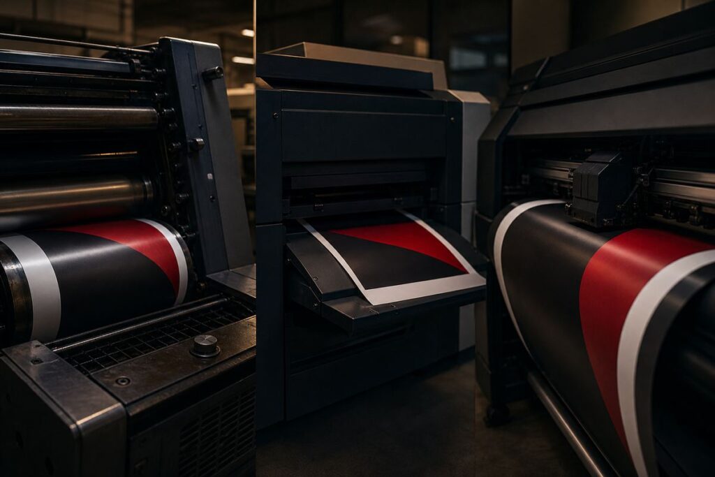 Gros plan dans un atelier d'impression sur un cylindre de presse offset avec ses rouleaux encreurs, un bac de sortie de presse numérique et une tête d'imprimante grand format au-dessus d'une large feuille