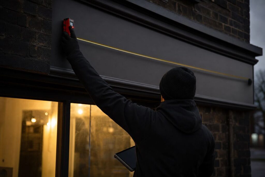 Poseur mesurant un bandeau de façade vide au télémètre laser et au mètre ruban au crépuscule, tablette sous le bras, façade en brique avec vitrine éclairée