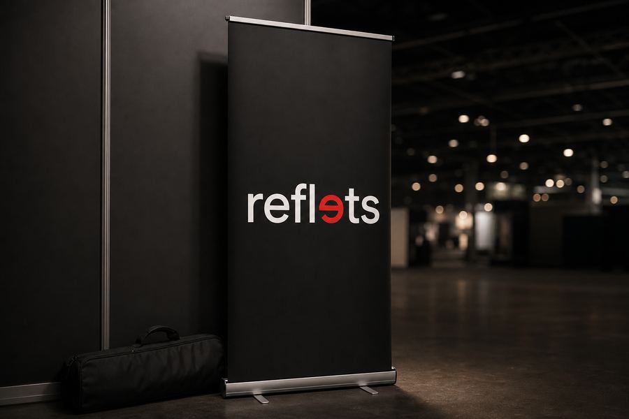 Roll-up noir sur cassette aluminium portant le logo Reflets à l'angle d'un stand de salon, housse de transport au pied, lumières du hall floues