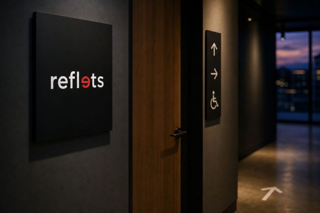Couloir de bureaux au crépuscule : plaque de porte noire au logo Reflets, panneau directionnel mural avec flèches et pictogramme accessibilité, flèche de marquage au sol sur béton ciré