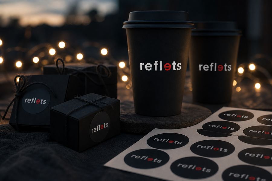 Gobelets réutilisables sombres et petites boîtes cadeaux sur une table de fête avec guirlandes lumineuses, chacun portant un sticker au logo Reflets, planche de stickers à moitié utilisée