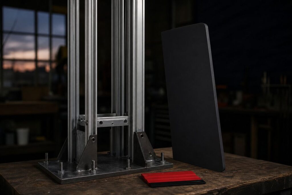 Ossature aluminium d'un totem en cours d'assemblage dans un atelier : profilés extrudés, platine acier avec tiges d'ancrage, face en composite sombre, raclette rouge