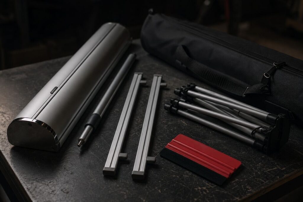 Sur un établi : cassette de roll-up en aluminium avec son mât télescopique, rails de kakémono, structure d'X-banner pliée, housse noire et raclette rouge