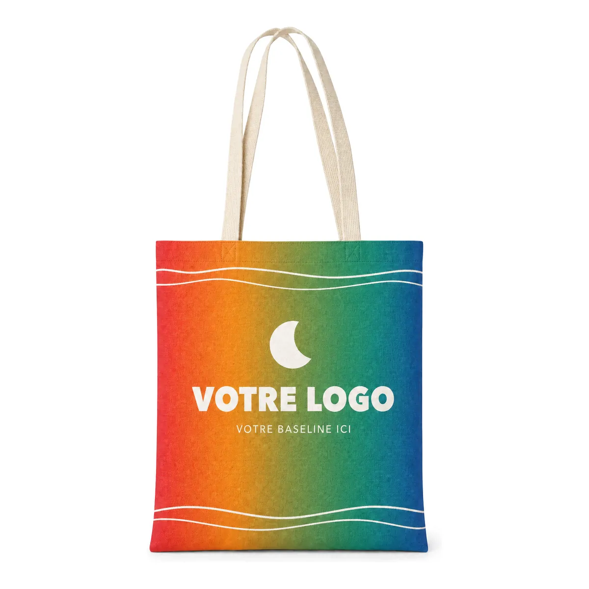 Une face imprimée de bord à bord, exemple de tote bag publicitaire