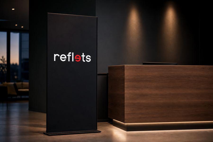 Totem intérieur en tissu tendu sur cadre aluminium portant le logo Reflets, dans un hall d'accueil moderne à côté d'un comptoir en bois, spots chauds