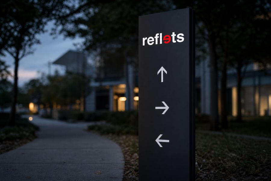 Totem directionnel sombre sur une allée de campus, logo Reflets en haut et trois flèches blanches pointant dans des directions différentes, arbres et bâtiment moderne flous