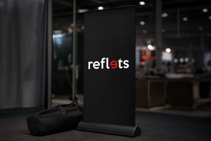 Totem imprimé noir portatif à embase lestée portant le logo Reflets sur un stand de salon, housse de transport au pied, lumières du hall floues