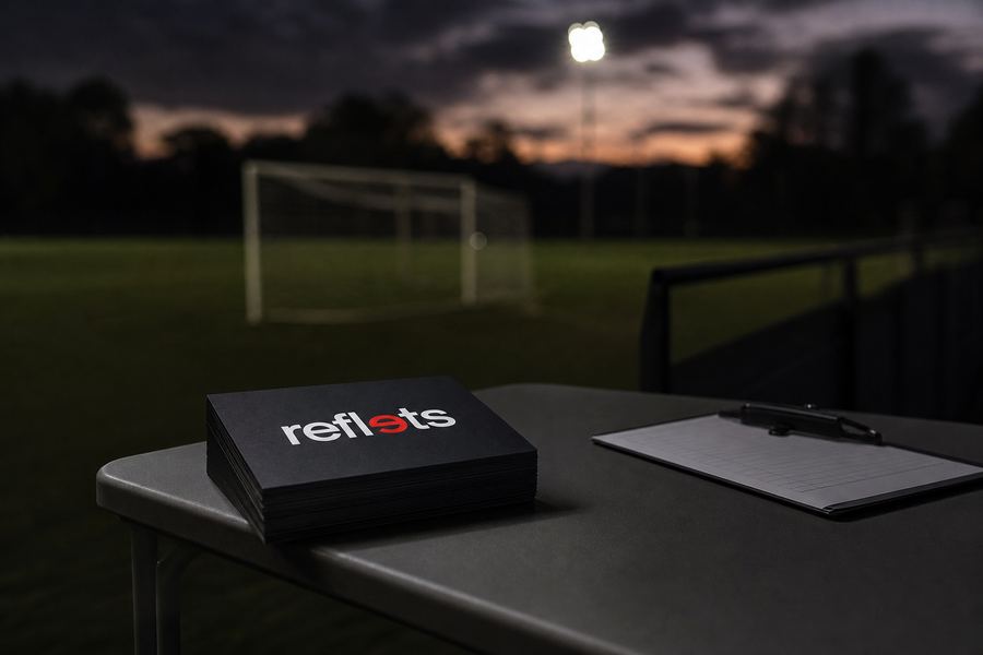 Pile de flyers A5 noirs au logo Reflets et porte-bloc sur une table pliante au bord d'un terrain de sport éclairé au crépuscule