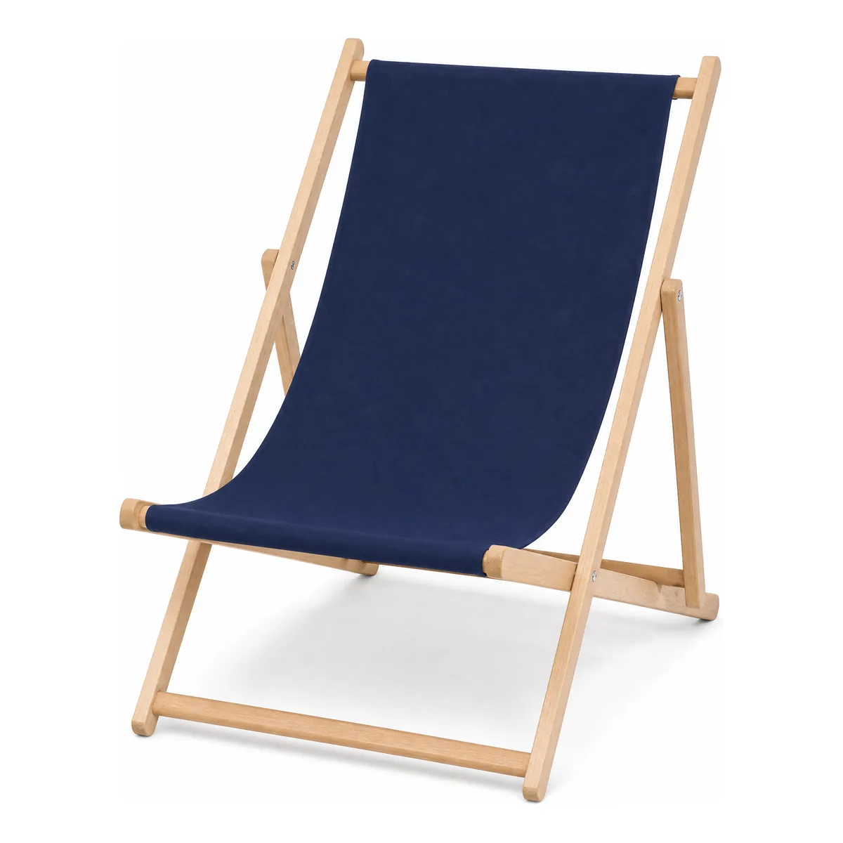 Chilienne personnalisée, transat pliant en bois à toile bleu marine, structure en bois naturel