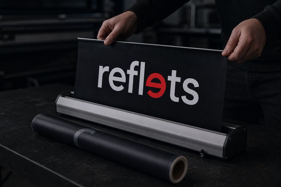 Mains glissant un nouveau visuel noir portant le logo Reflets dans le rail d'une cassette de roll-up ouverte sur un établi, ancien visuel roulé à côté