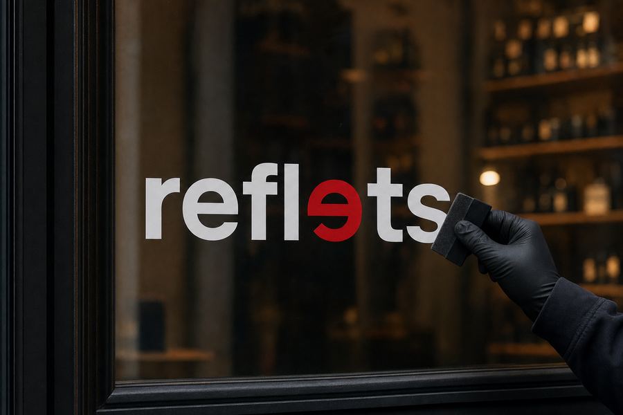Logo Reflets en lettres adhésives blanches découpées posées sur la vitre d'une vitrine de commerce au crépuscule, main gantée finissant la pose à la raclette
