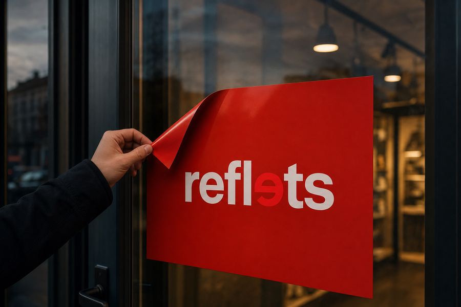 Main retirant un film électrostatique rouge portant le logo Reflets de la porte vitrée d'un commerce, film repositionnable, verre parfaitement propre