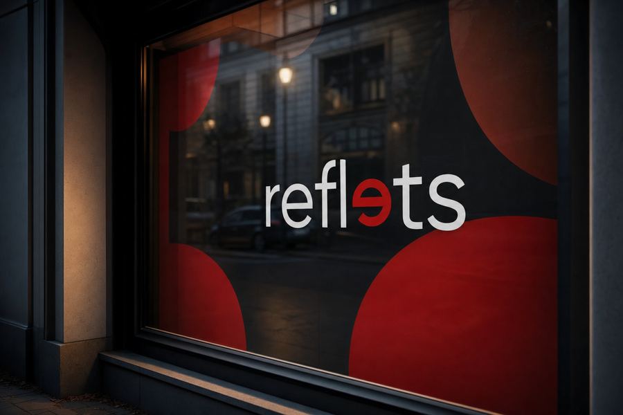 Vitrine de commerce habillée d'un film transparent imprimé rouge et anthracite avec le logo Reflets au centre, couleurs denses grâce au blanc de soutien, reflets de la rue sur le verre