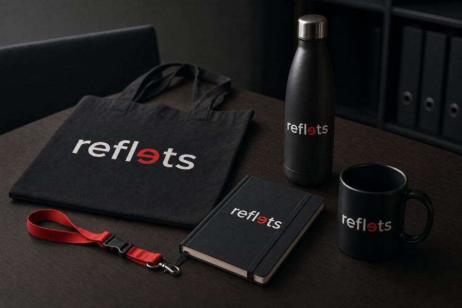 Kit de bienvenue sur un bureau : sac en toile noir, gourde, carnet et mug noirs marqués du logo Reflets, lanière rouge
